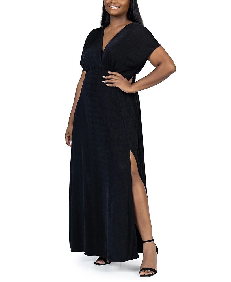24seven Comfort Apparel Plus Front Slit Empire Waist Maxi Dress