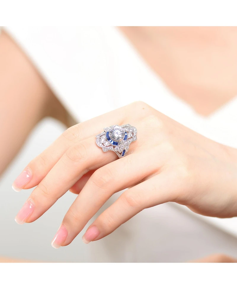 Sterling Silver White Gold Plated with Colorful Baguette Cubic Zirconia Cocktail Ring