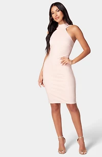 bebe Women's Halter Neck Shimmer Dress - Blush Medium
