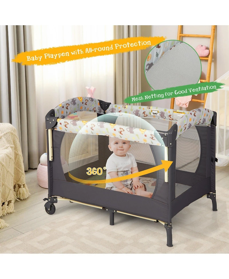 3-in-1 Convertible Portable Baby Playard with Music Box and Wheel Brakes