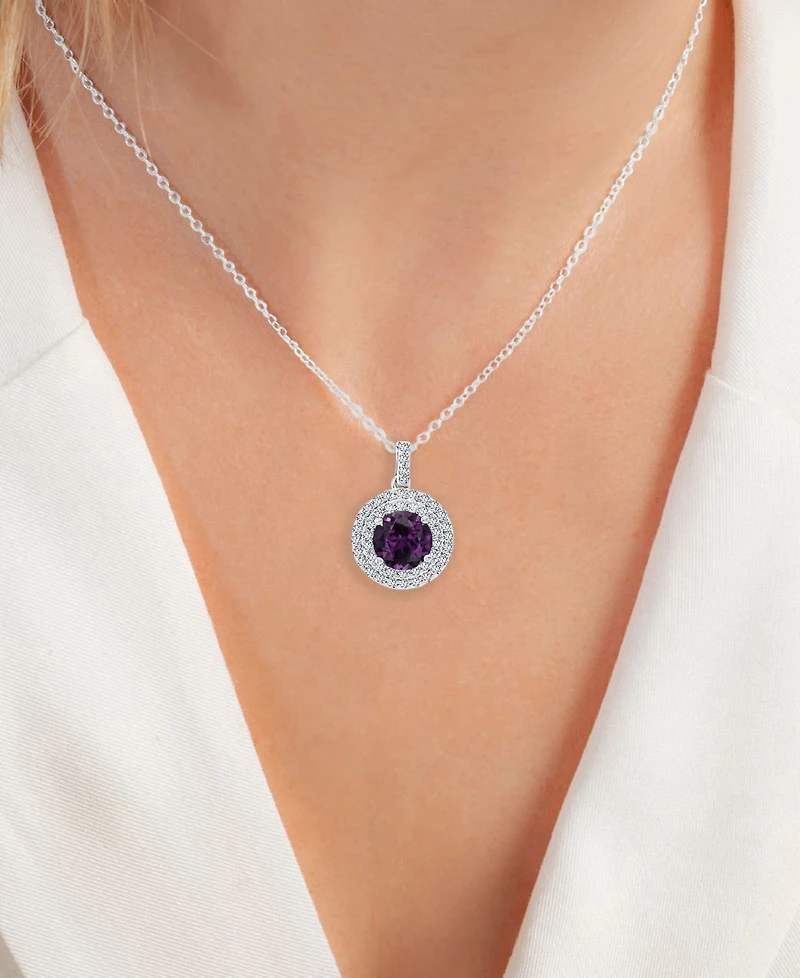Amethyst (1-1/5 ct. t.w.) & Lab-Grown White Sapphire (3/8 Halo Birthstone Pendant Necklace Sterling Silver, 16" + 2" extender (Also Ad