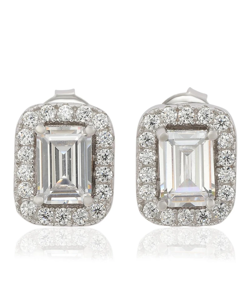 Suzy Levian Sterling Silver Cubic Zirconia Emerald-Cut Halo Stud Earrings