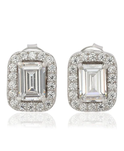 Suzy Levian Sterling Silver Cubic Zirconia Emerald-Cut Halo Stud Earrings