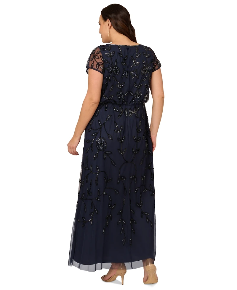 Adrianna Papell Plus Blouson Beaded Short-Sleeve Gown