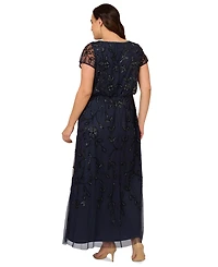 Adrianna Papell Plus Blouson Beaded Short-Sleeve Gown