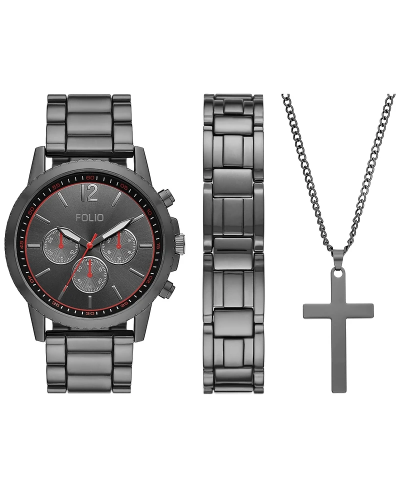 Folio Men's Three Hand Gunmetal Alloy Watch 36mm Gift Set