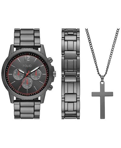 Folio Men's Three Hand Gunmetal Alloy Watch 36mm Gift Set