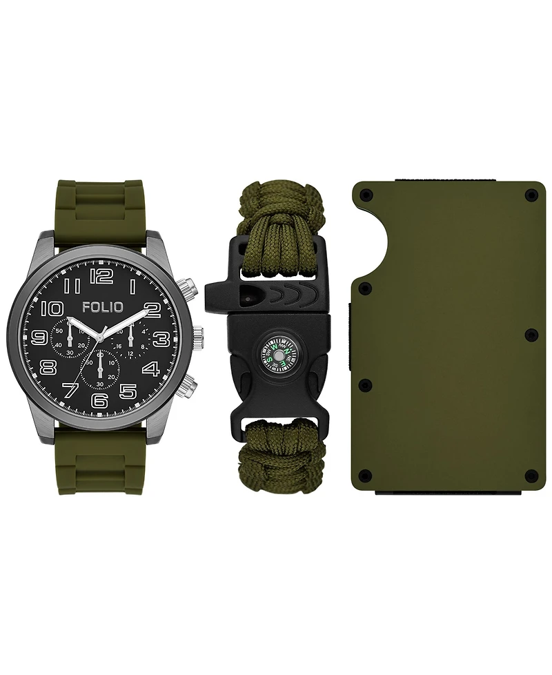 Folio Men's Three Hand Green Silicone Watch 45mm Gift Set