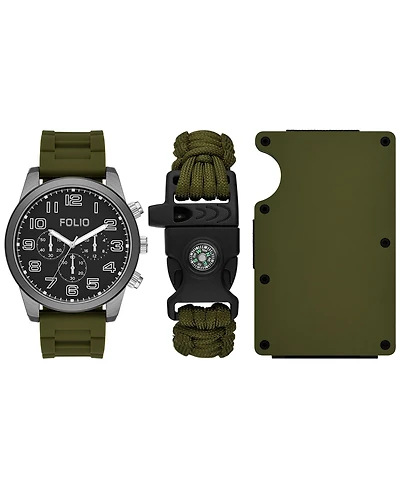 Folio Men's Three Hand Green Silicone Watch 45mm Gift Set