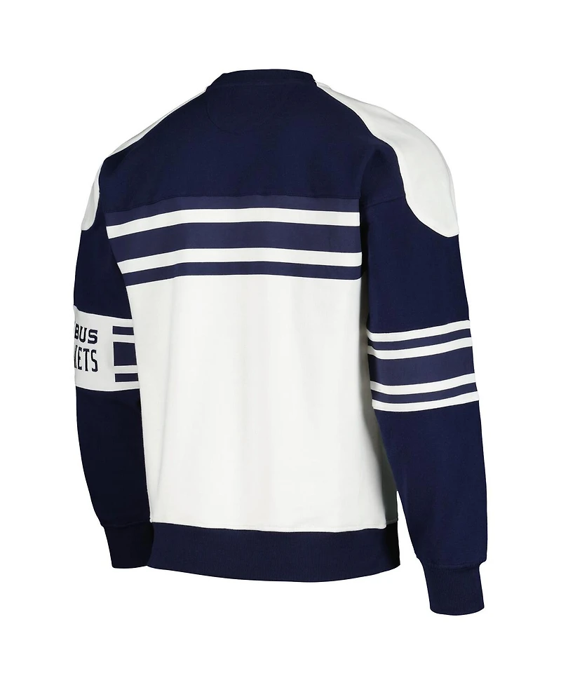 Men's Starter White Columbus Blue Jackets Defense Fleece Crewneck Pullover Sweatshirt