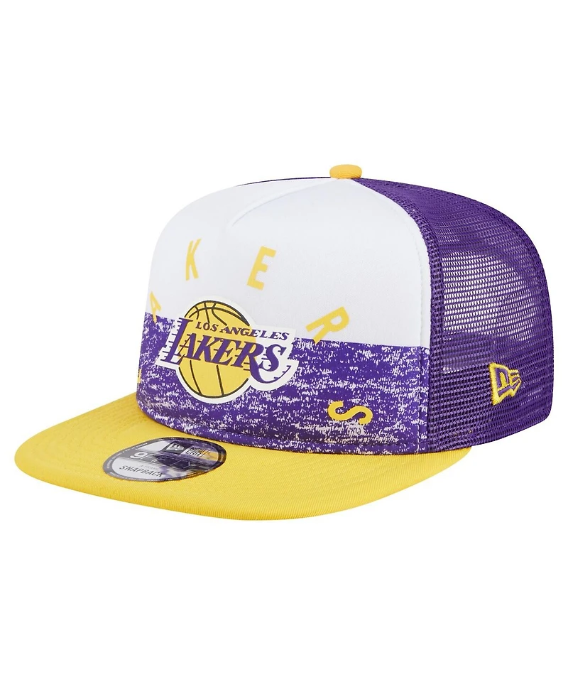 Men's New Era Purple Los Angeles Lakers Arch A-Frame Trucker 9FIFTY Snapback Hat
