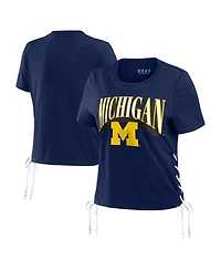 Women's Wear by Erin Andrews Navy Michigan Wolverines Side Lace-Up Modest Crop T-shirt