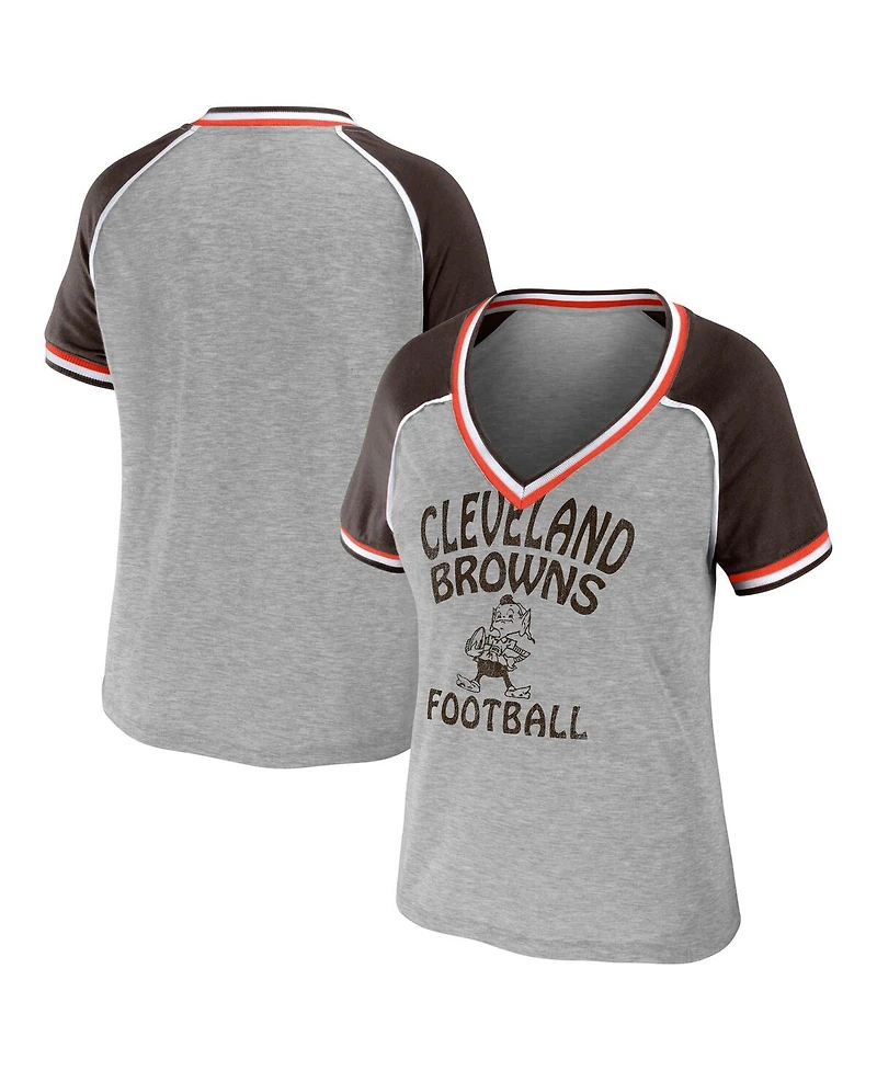 Women's Wear by Erin Andrews Heather Gray Distressed Cleveland Browns Cropped Raglan Throwback V-Neck T-shirt