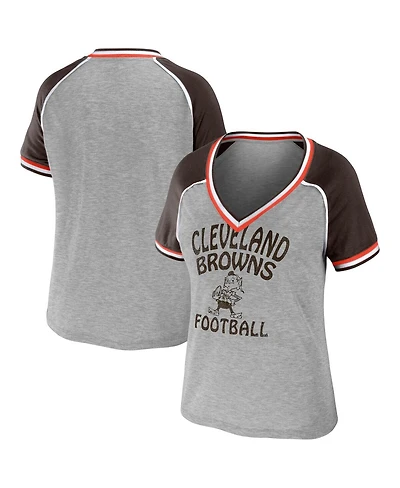 Women's Wear by Erin Andrews Heather Gray Distressed Cleveland Browns Cropped Raglan Throwback V-Neck T-shirt