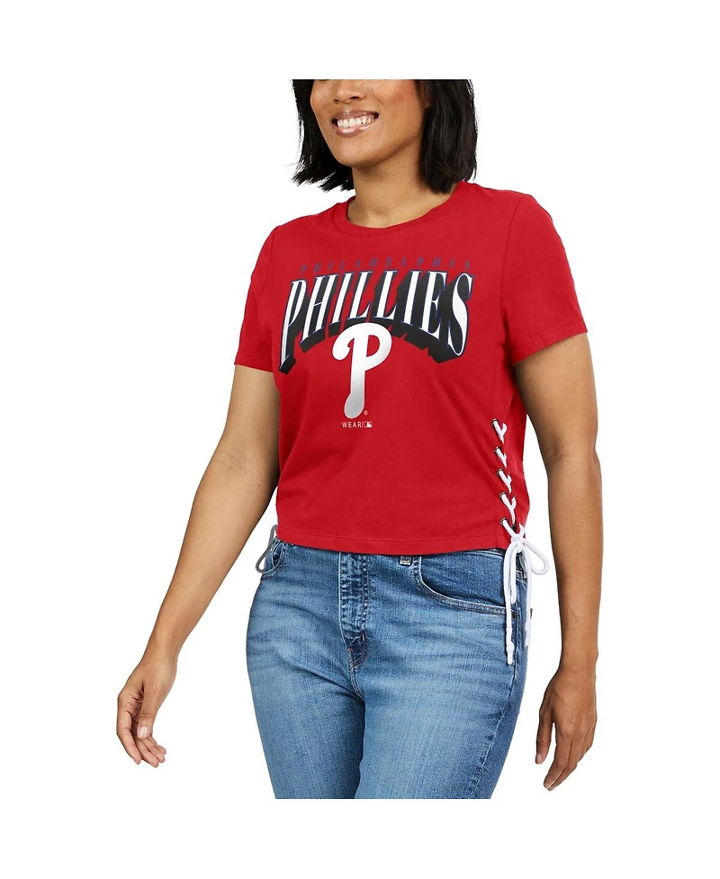 Women's Wear by Erin Andrews Red Philadelphia Phillies Side Lace-Up Cropped T-shirt