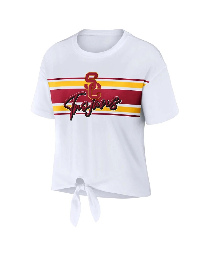 Women's Wear by Erin Andrews White Usc Trojans Striped Front Knot Cropped T-shirt