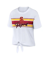 Women's Wear by Erin Andrews White Usc Trojans Striped Front Knot Cropped T-shirt