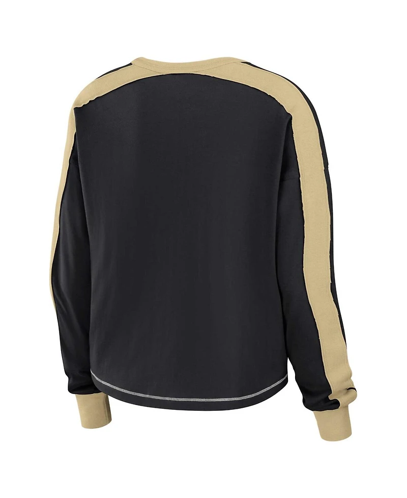 Women's Wear by Erin Andrews Black, Gold New Orleans Saints Color Block Modest Crop Long Sleeve T-shirt