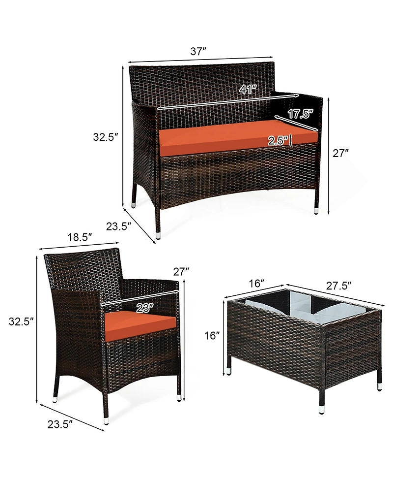 4PCS Rattan Patio Furniture Set Cushioned Sofa Chair Coffee Table