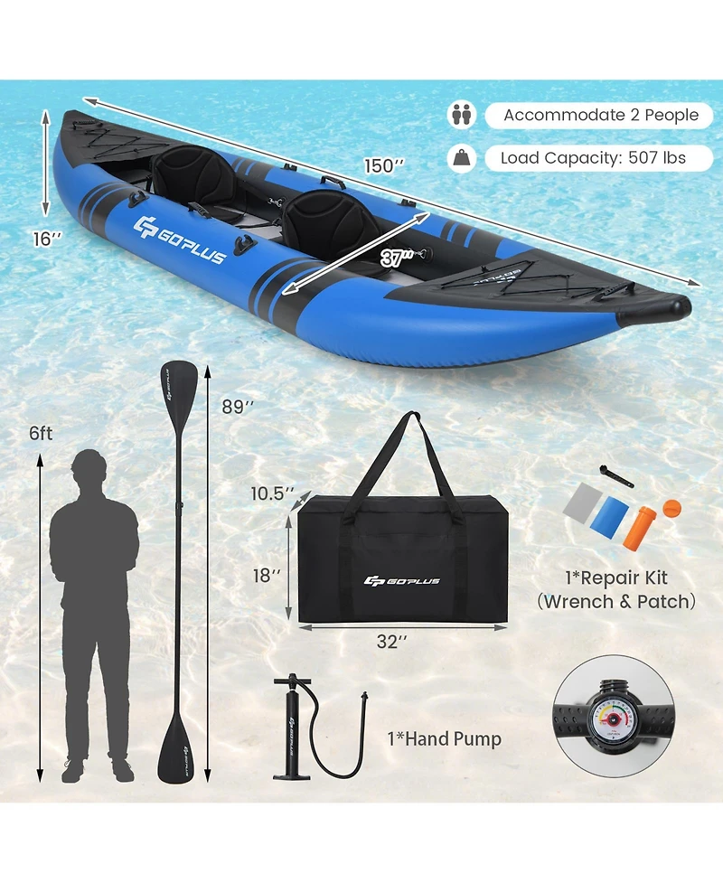 Costway Inflatable Kayak Set Portable 2-person with Aluminium Oars Eva Padded Seat