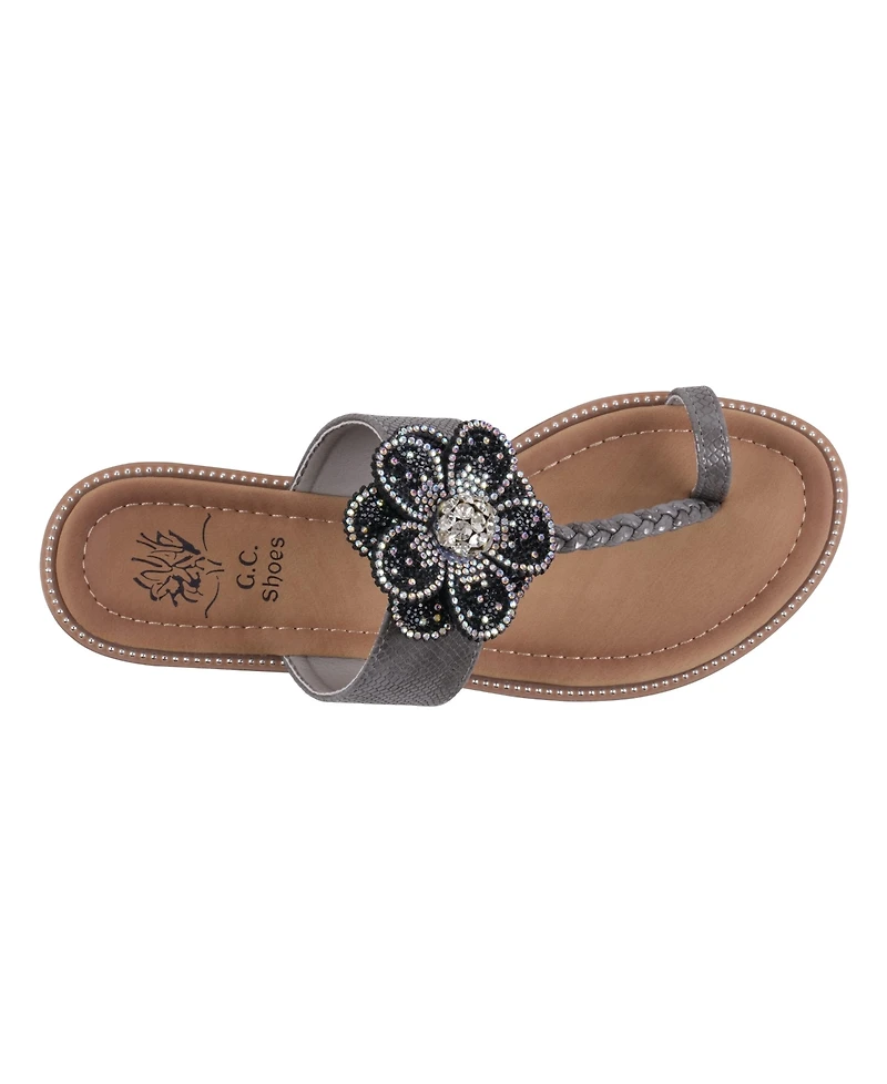 Gc Shoes Women's Blossom Flower Embellished Toe Ring Flat Sandals