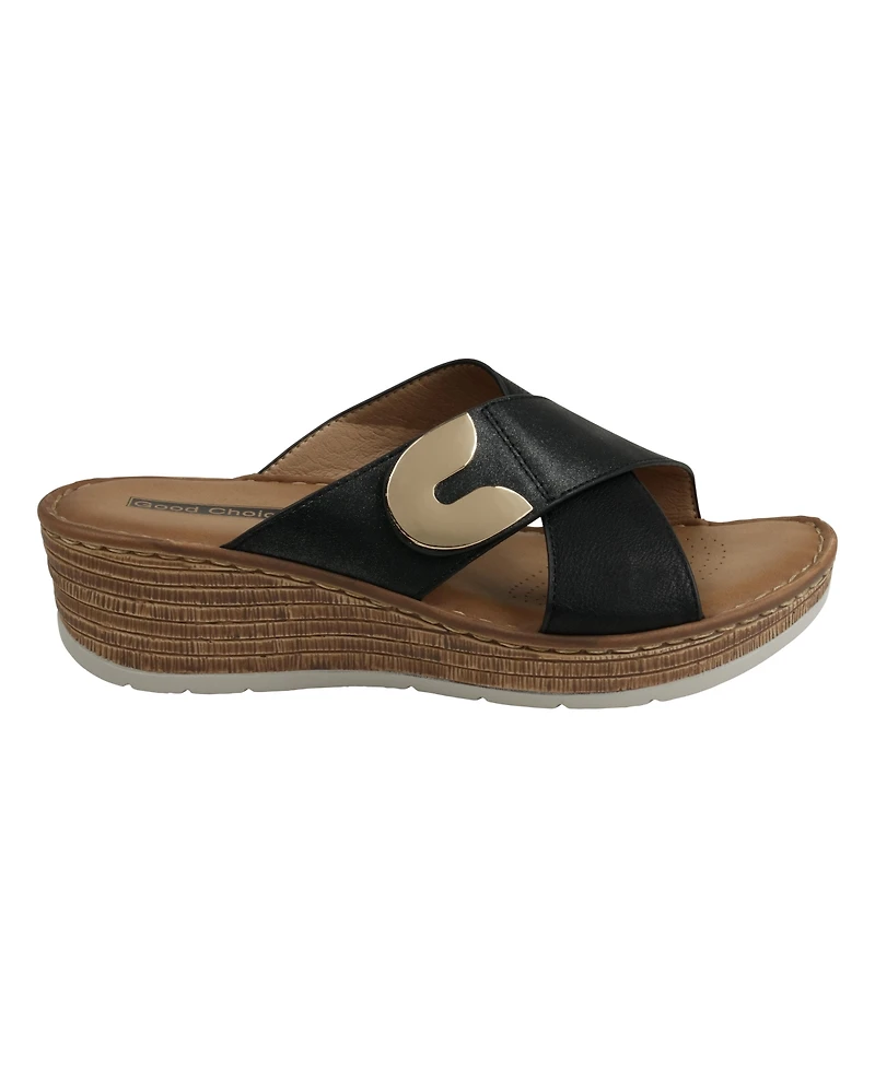 Gc Shoes Women's Demi Cross Strap Hardware Slip-On Wedge Sandals