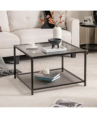 Glass Coffee Table 27.5 Inch 2-Tier Square with Mesh Shelf Living Room