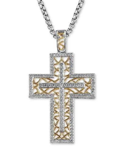 Men's Diamond Lattice Openwork Cross 22" Pendant Necklace (1/2 ct. t.w.) in Sterling Silver & 18k Gold-Plate