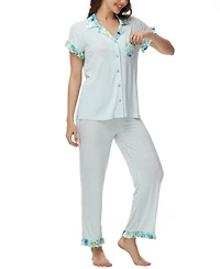 C. Wonder Women's Printed Notch Collar Short Sleeve with Ruffle and Pants 2 Pc. Pajama Set