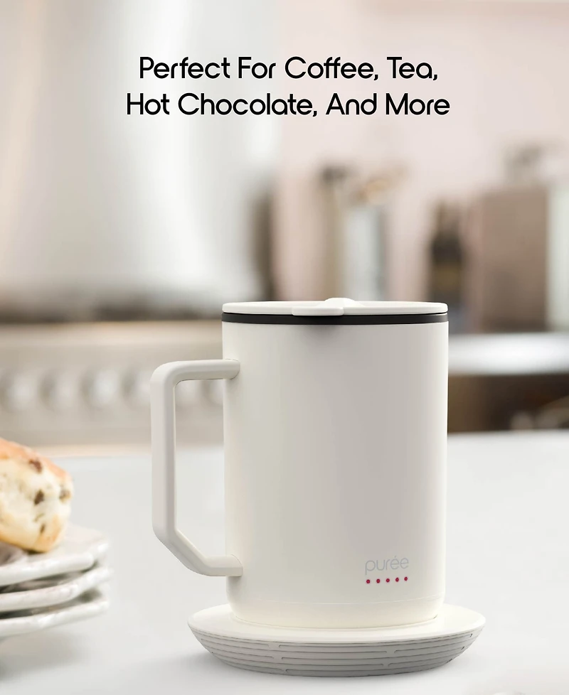 Tzumi Puree Warming Coffee Mug, 12 oz. Stainless Steel Coffee Mug with Mug Warmer Coaster and Lid