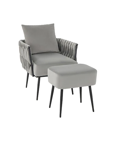 Modern Dutch Velvet Accent Chair and Ottoman Set with Weaved Back and Arms