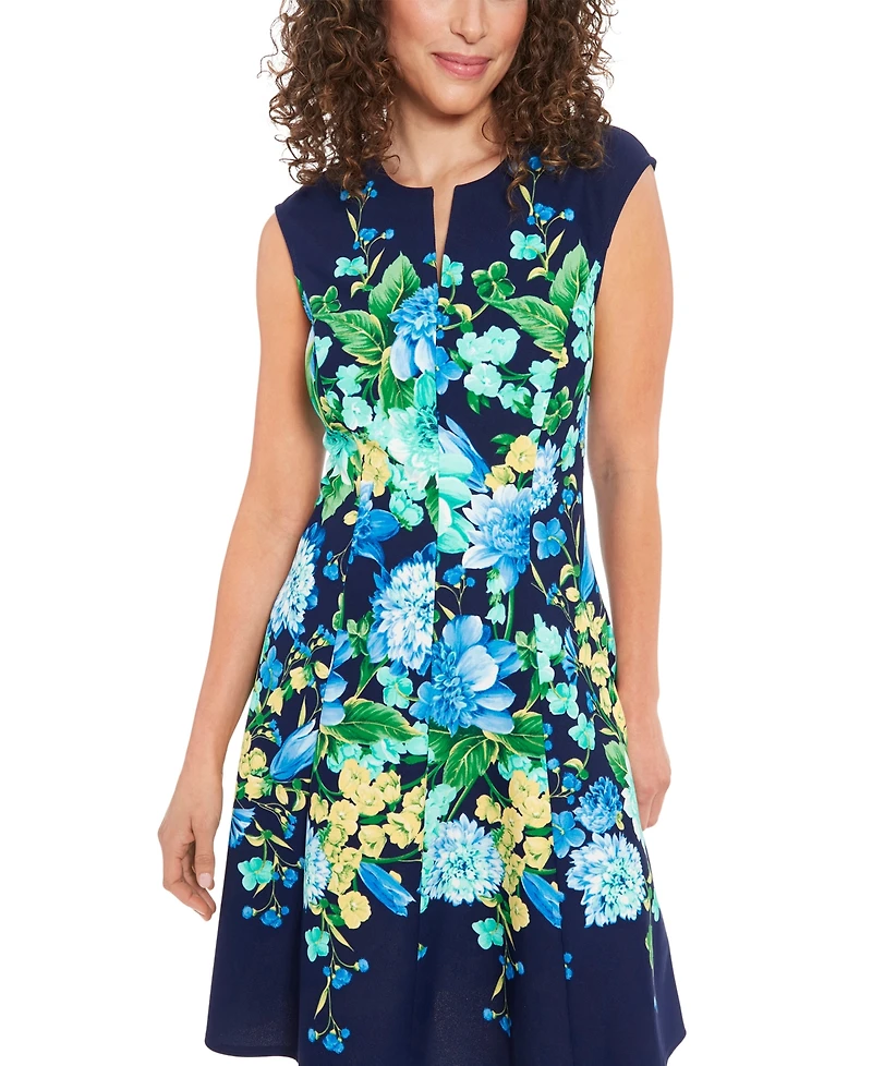 London Times Petite Split-Neck Floral-Print Fit & Flare Dress