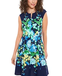 London Times Petite Split-Neck Floral-Print Fit & Flare Dress