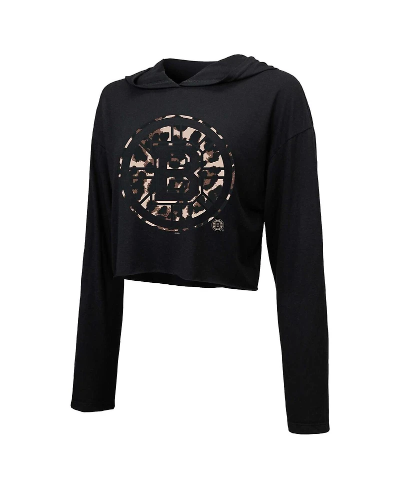 Women's Majestic Threads David Pastrnak Black Boston Bruins Leopard Print Name and Number Cropped Pullover Hoodie