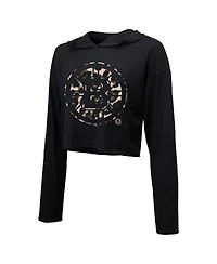 Women's Majestic Threads David Pastrnak Black Boston Bruins Leopard Print Name and Number Cropped Pullover Hoodie