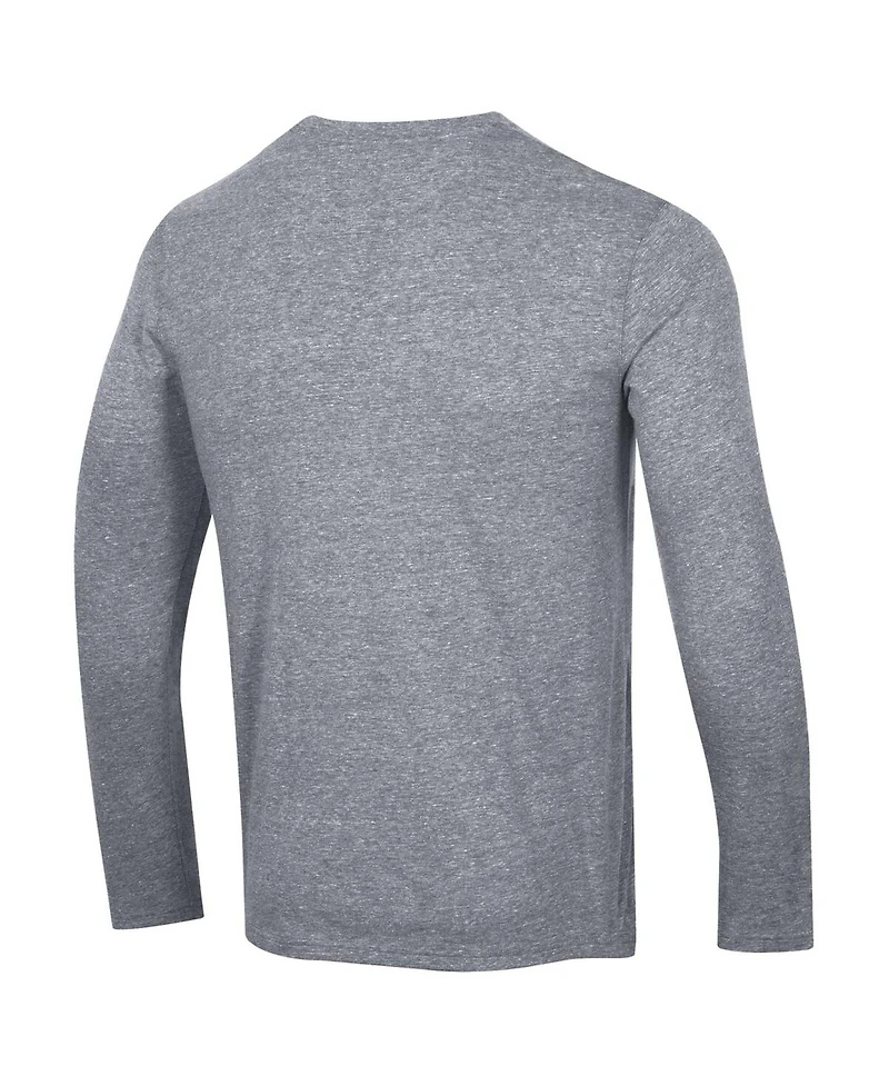 Men's Champion Heather Gray Distressed Columbus Blue Jackets Tri-Blend Dual-Stripe Long Sleeve T-shirt