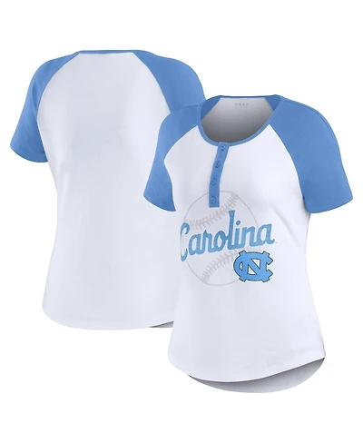 Women's Wear by Erin Andrews White Distressed North Carolina Tar Heels Baseball Logo Raglan Henley T-shirt