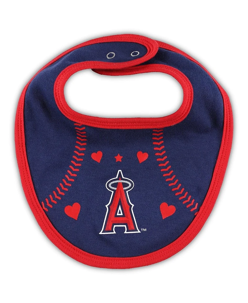 Baby Boys and Girls Red, Navy Los Angeles Angels Three-Piece Love of Baseball Bib Bodysuit Booties Set
