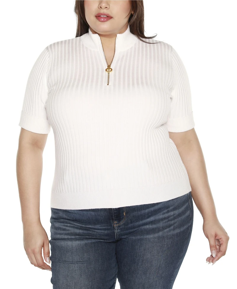 Belldini Black Label Plus Mock Neck Zip Front Ribbed Short Sleeve Sweater