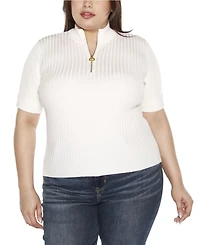 Belldini Black Label Plus Mock Neck Zip Front Ribbed Short Sleeve Sweater