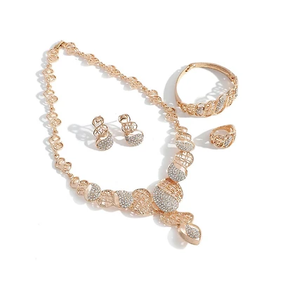 Sohi Women's Gold Embellished Intricate Necklace, Earrings, Bracelet And Ring (Set Of 4)