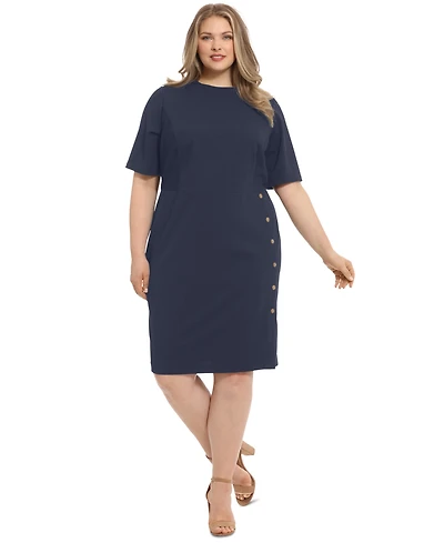 London Times Plus Button-Trim Sheath Dress