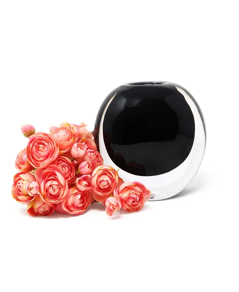 Vivience Black Glass Vase with Black Inlay and Pink Flowers