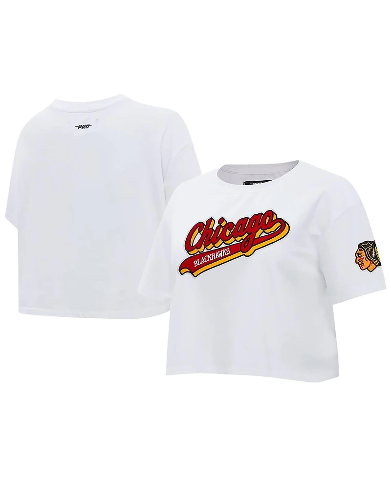 Women's Pro Standard White Chicago Blackhawks Boxy Script Tail Cropped T-shirt