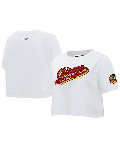 Women's Pro Standard White Chicago Blackhawks Boxy Script Tail Cropped T-shirt