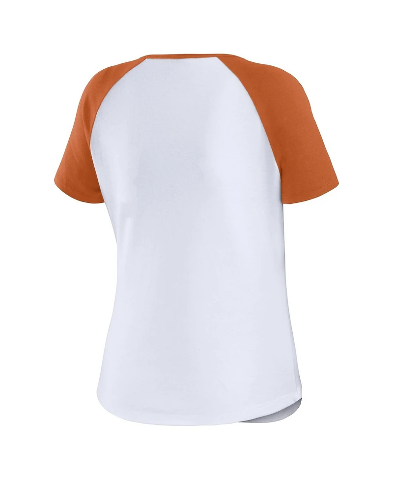 Women's Wear by Erin Andrews White Distressed Texas Longhorns Baseball Logo Raglan Henley T-shirt