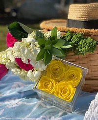 Rose Box Nyc Jewelry box of Bright Yellow Long Lasting Preserved Real Roses, 4 Rose