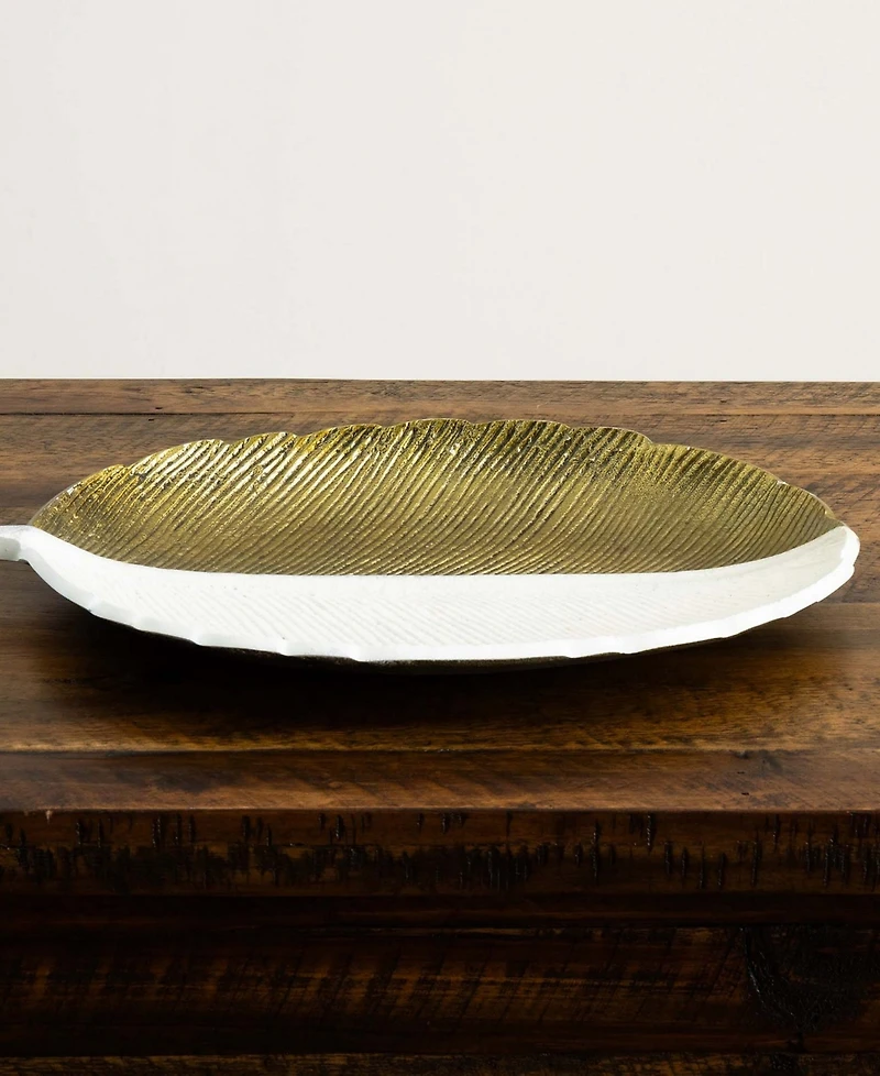 Nearly Natural 14in. Gold and White Leaf Decorative Accent Tray