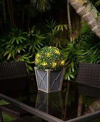 Nearly Natural 18in. Uv Resistant Artificial Boxwood Ball Topiary with Led Lights in Decorative Planter Indoor/Outdoor