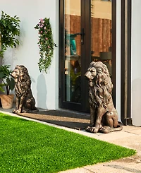 Glitzhome Set of 2 Oversized Bronze Sitting Lion Garden Statue